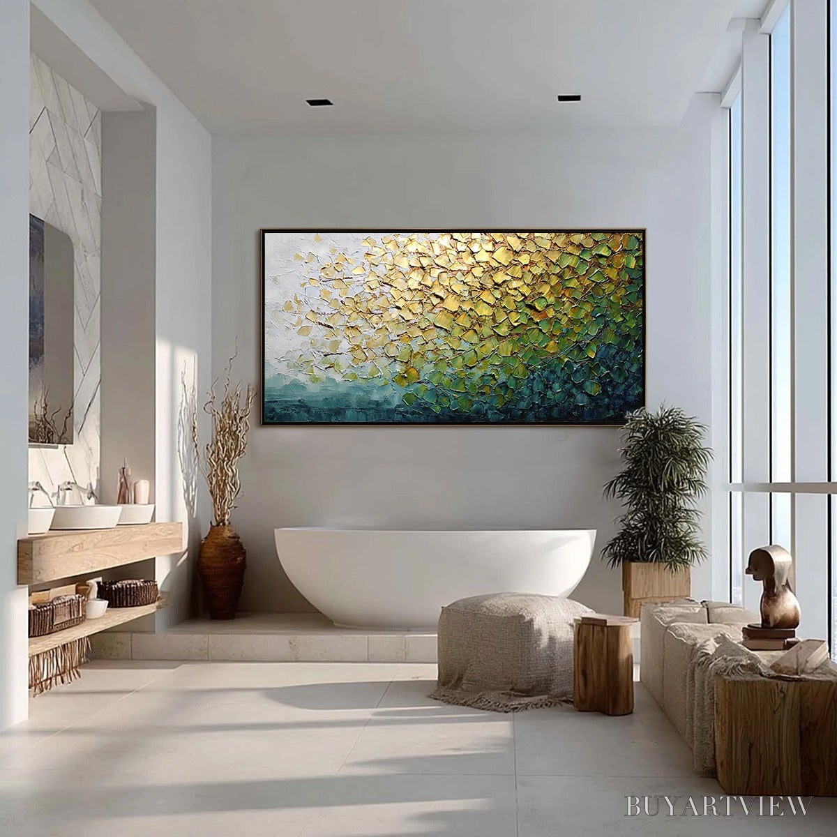 BUYARTVIEW Golden Canopy – Heavily Textured Gold & Green Abstract Impasto Painting - image 4