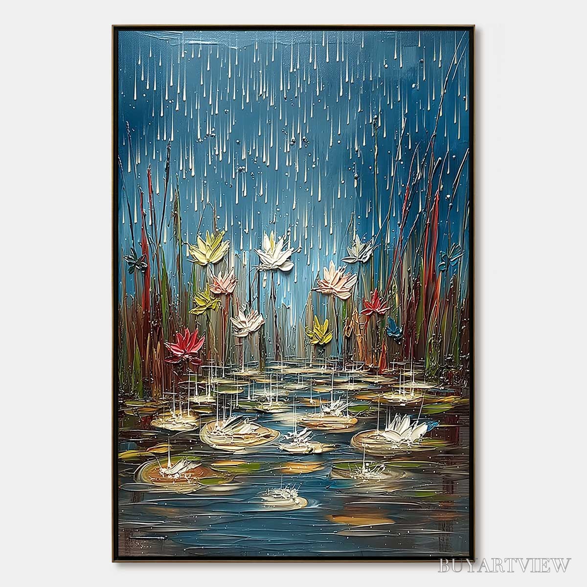 BUYARTVIEW Petrichor Blossoms – Textured Impasto Painting of Water Lilies in the Rain - image 1