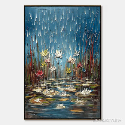 BUYARTVIEW Petrichor Blossoms – Textured Impasto Painting of Water Lilies in the Rain - image 1