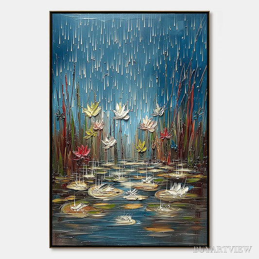 BUYARTVIEW Petrichor Blossoms – Textured Impasto Painting of Water Lilies in the Rain - image 1