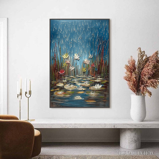 BUYARTVIEW Petrichor Blossoms – Textured Impasto Painting of Water Lilies in the Rain - image 2