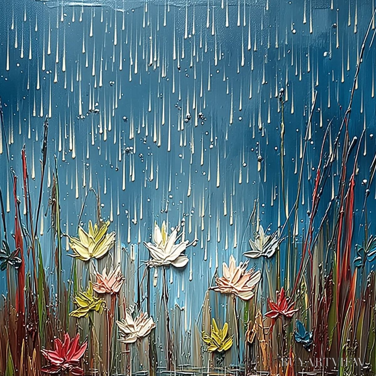 BUYARTVIEW Petrichor Blossoms – Textured Impasto Painting of Water Lilies in the Rain - image 3