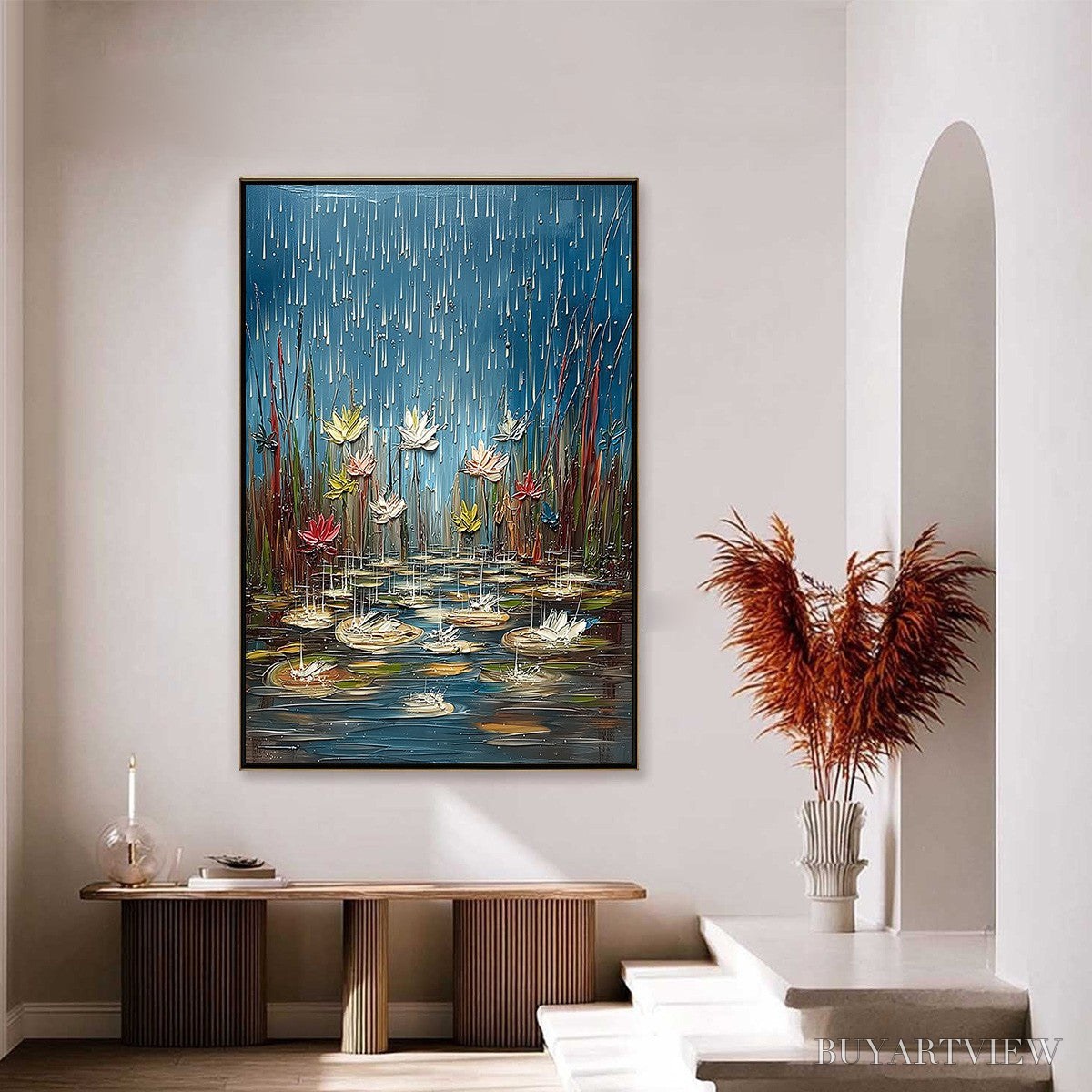 BUYARTVIEW Petrichor Blossoms – Textured Impasto Painting of Water Lilies in the Rain - image 4