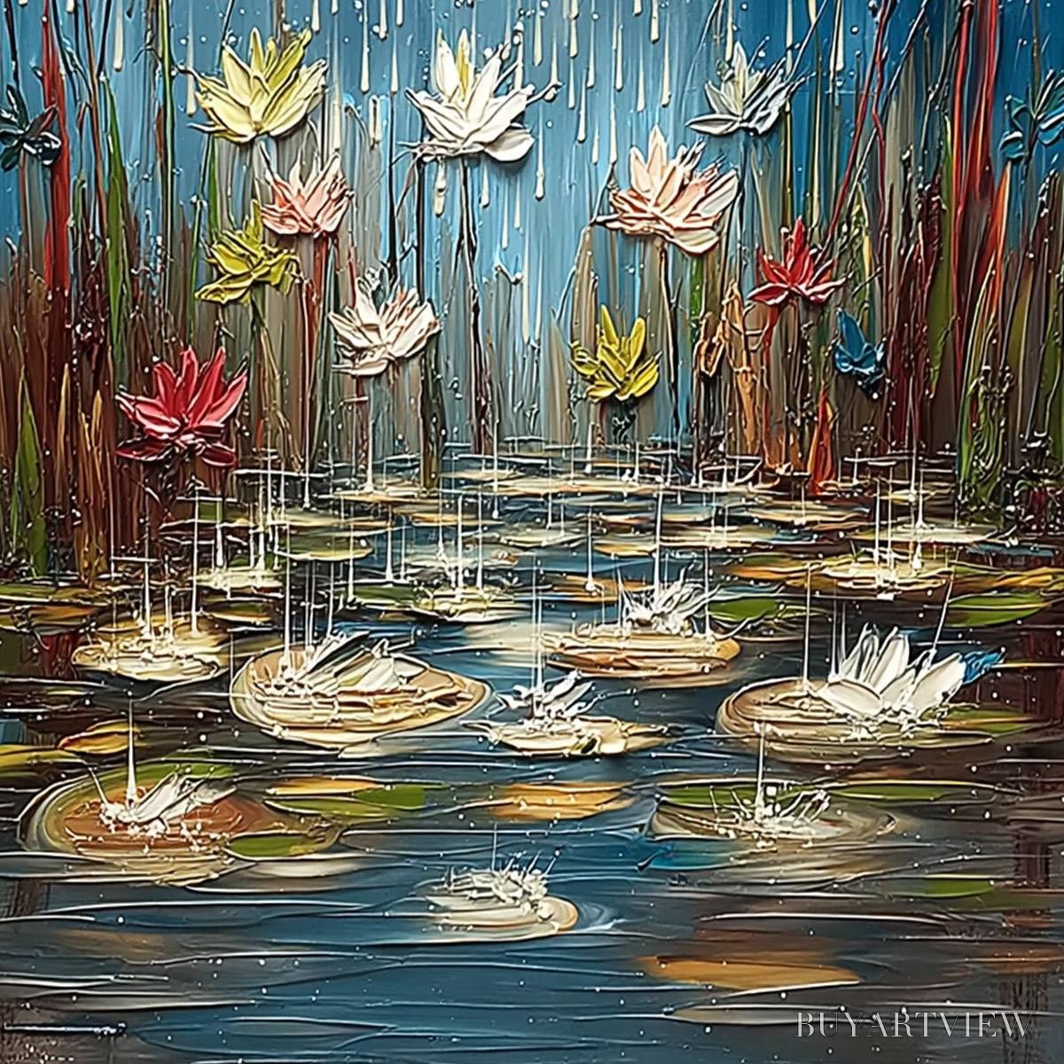 BUYARTVIEW Petrichor Blossoms – Textured Impasto Painting of Water Lilies in the Rain - image 5