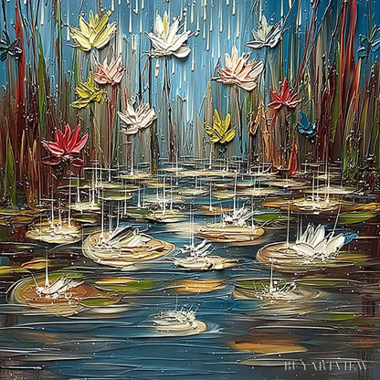 BUYARTVIEW Petrichor Blossoms – Textured Impasto Painting of Water Lilies in the Rain - image 5