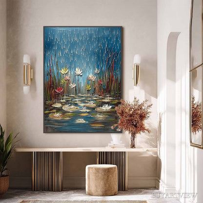 BUYARTVIEW Petrichor Blossoms – Textured Impasto Painting of Water Lilies in the Rain - image 6