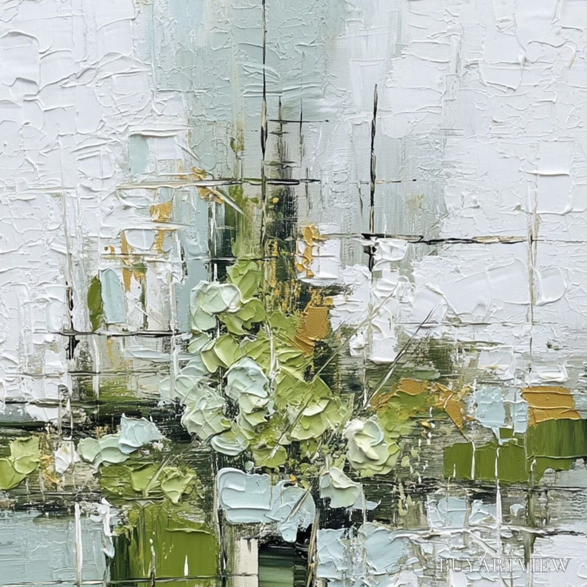BUYARTVIEW Verdant Sanctuary – Heavily Textured Abstract Green and White Painting - image 3