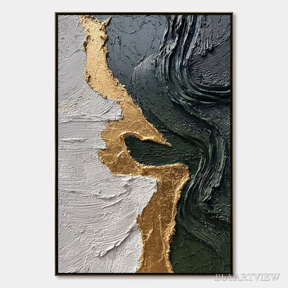 BUYARTVIEW Veridian Rift – Large Vertical Textured Abstract Green and Gold Painting - image 1