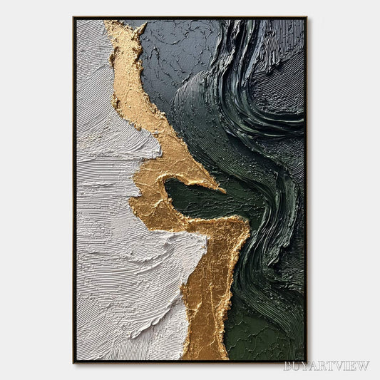 BUYARTVIEW Veridian Rift – Large Vertical Textured Abstract Green and Gold Painting - image 1