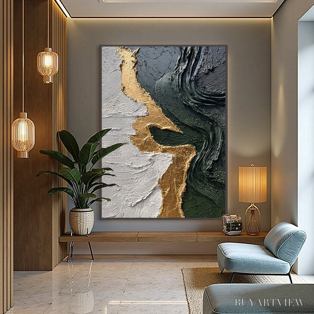 BUYARTVIEW Veridian Rift – Large Vertical Textured Abstract Green and Gold Painting - image 2
