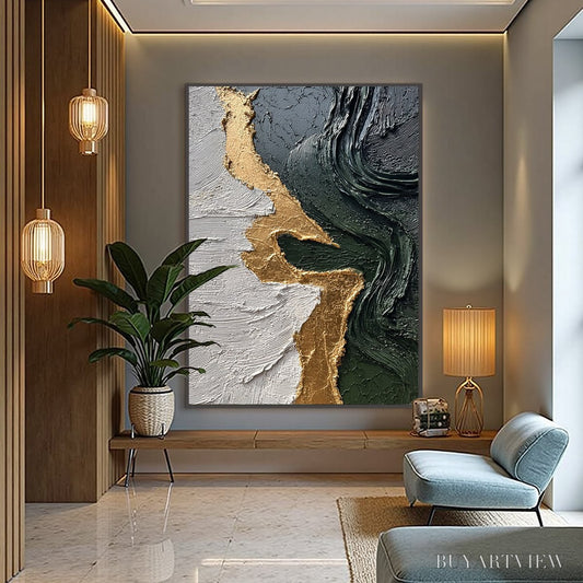 BUYARTVIEW Veridian Rift – Large Vertical Textured Abstract Green and Gold Painting - image 2
