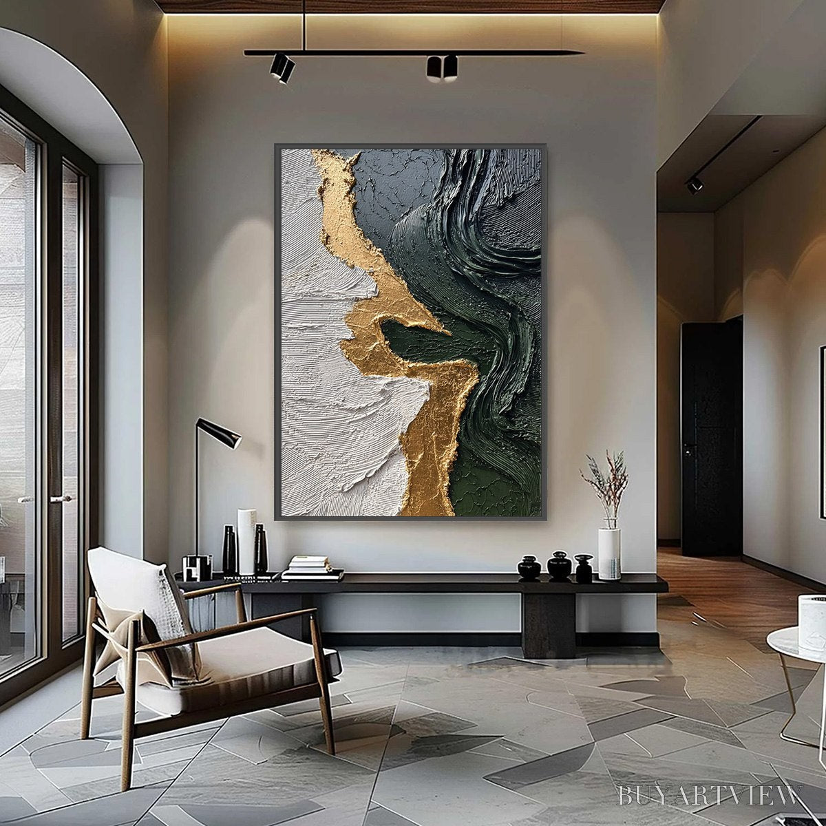 BUYARTVIEW Veridian Rift – Large Vertical Textured Abstract Green and Gold Painting - image 4