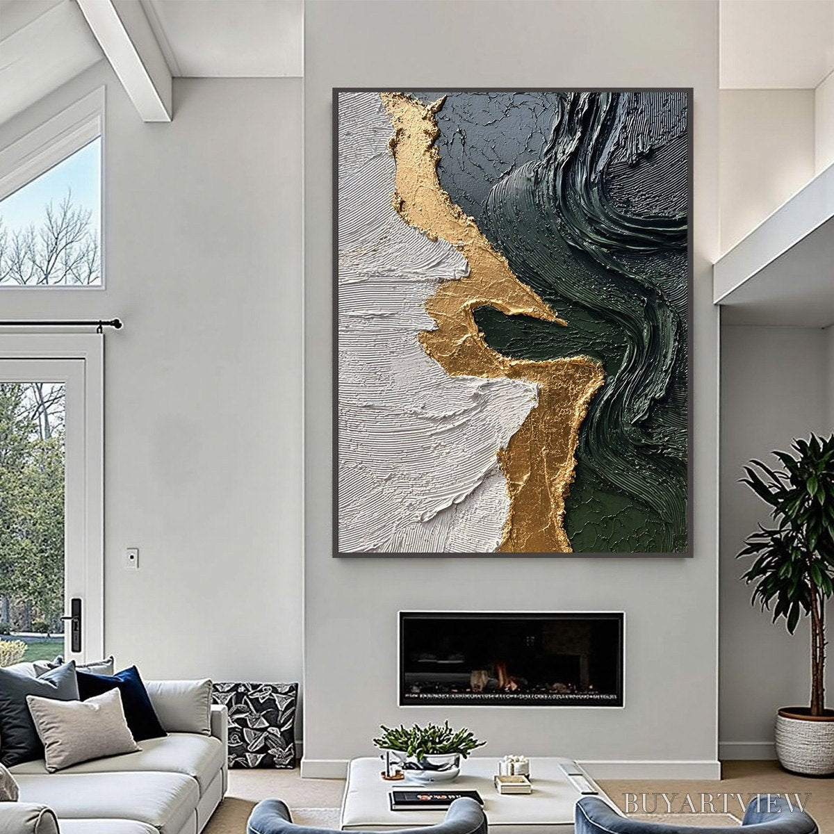 BUYARTVIEW Veridian Rift – Large Vertical Textured Abstract Green and Gold Painting - image 6