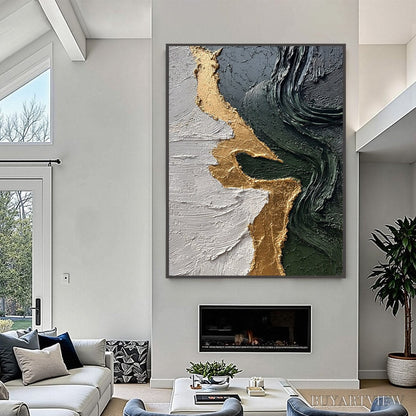 BUYARTVIEW Veridian Rift – Large Vertical Textured Abstract Green and Gold Painting - image 6
