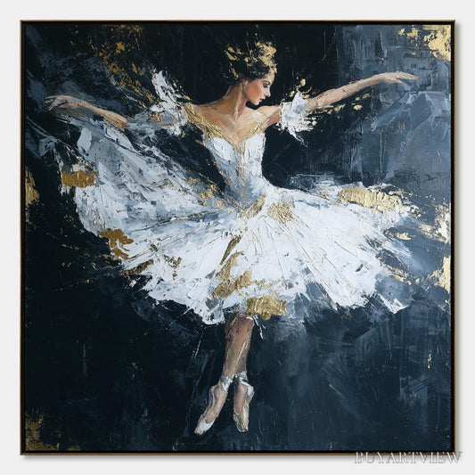 BUYARTVIEW Ethereal Poise – Textured Gold Leaf Ballerina Painting - image 1
