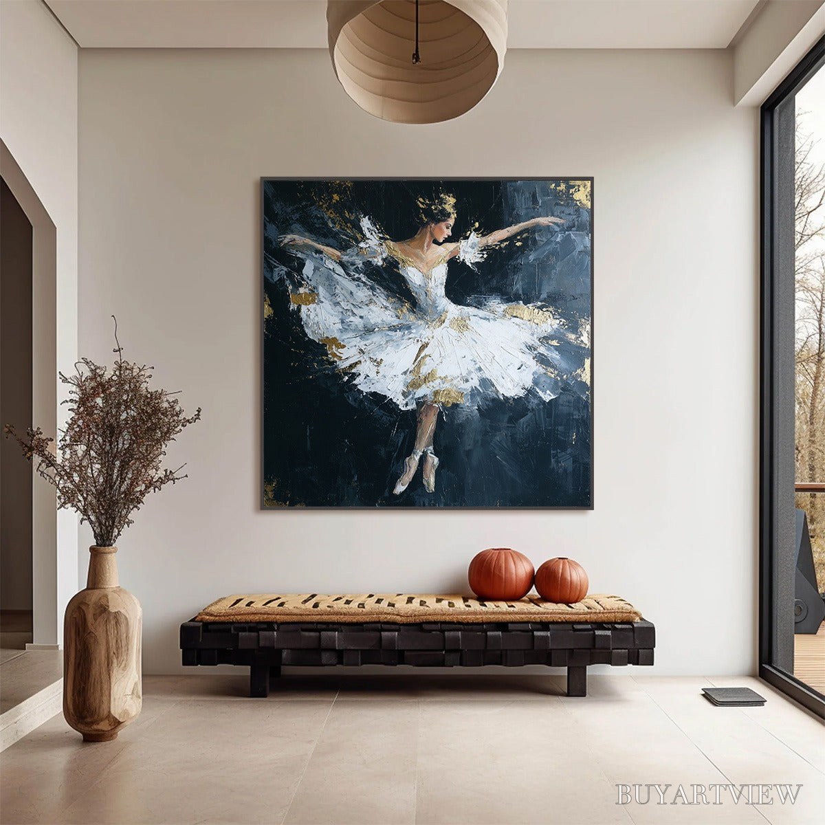 BUYARTVIEW Ethereal Poise – Textured Gold Leaf Ballerina Painting - image 2