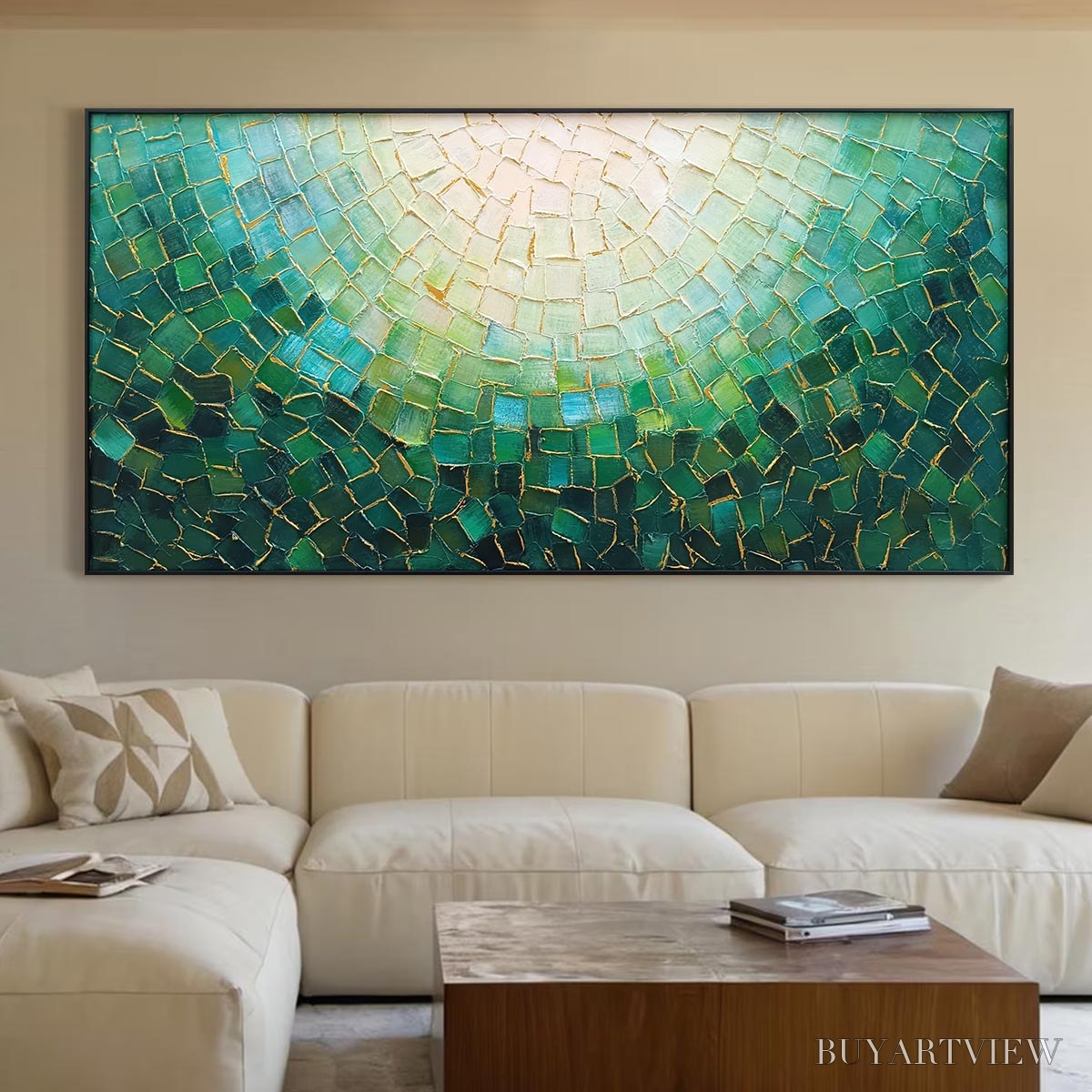 BUYARTVIEW Ready to Ship | Emerald Mosaic | 24''X48'' | 60x120cm | Black Frame - image 1