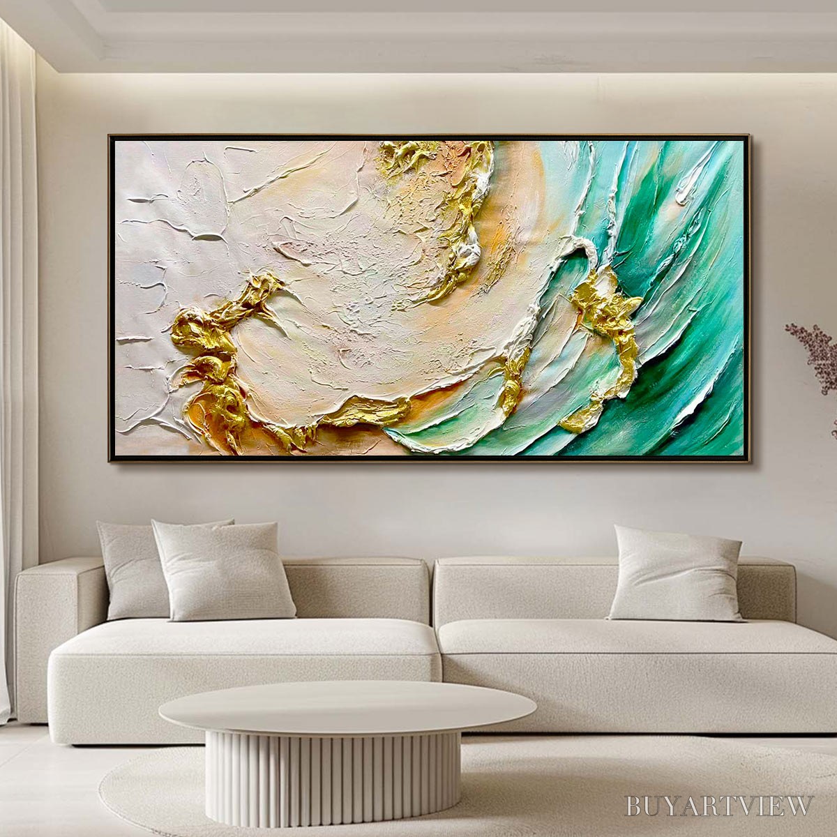 BUYARTVIEW Ready to Ship | Jade Aurora – Abstract Gold-Green Impasto Oil Painting - image 1