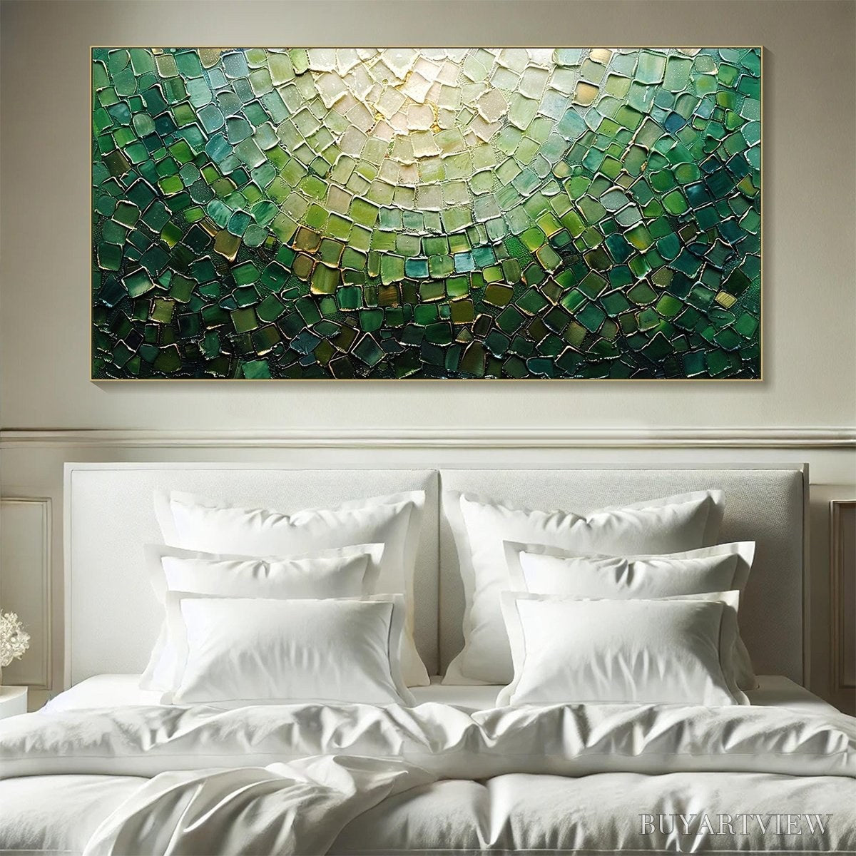 BUYARTVIEW Emerald Mosaic – Textured Abstract Green and Gold Oil Painting - image 2