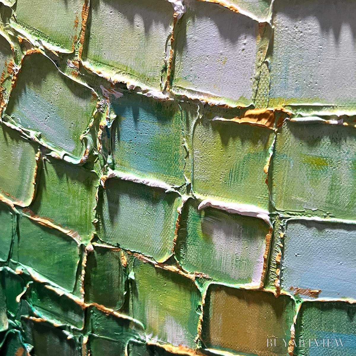 BUYARTVIEW Emerald Mosaic – Textured Abstract Green and Gold Oil Painting - image 5