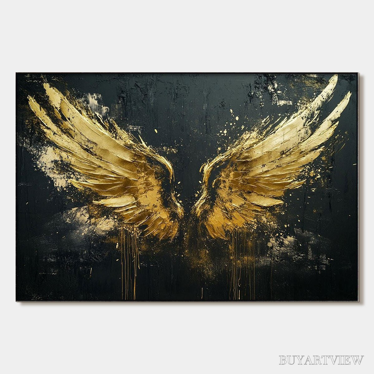 BUYARTVIEW Golden Ascension – Textured Gold Wings Oil Painting on Black Canvas - image 1