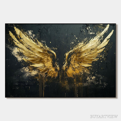 BUYARTVIEW Golden Ascension – Textured Gold Wings Oil Painting on Black Canvas - image 1