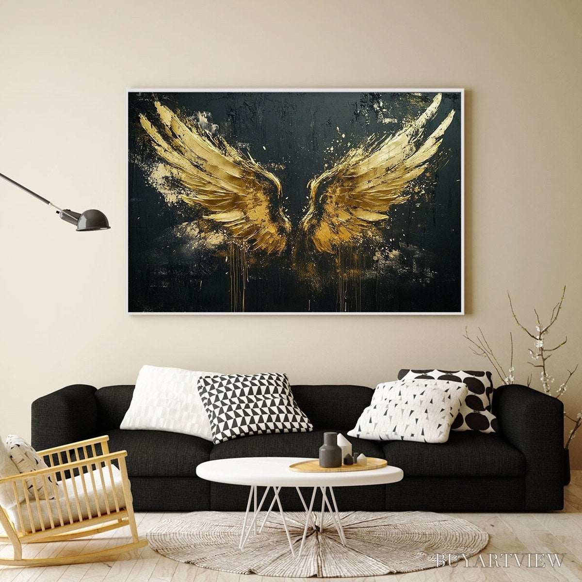 BUYARTVIEW Golden Ascension – Textured Gold Wings Oil Painting on Black Canvas - image 5