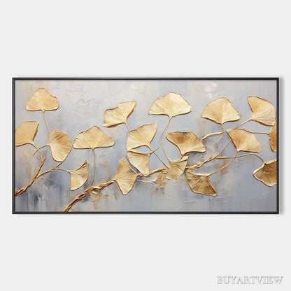 BUYARTVIEW Golden Whispers – Textured Ginkgo Leaf Oil Painting in Gold - image 1