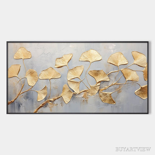 BUYARTVIEW Golden Whispers – Textured Ginkgo Leaf Oil Painting in Gold - image 1