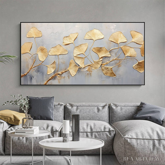 BUYARTVIEW Golden Whispers – Textured Ginkgo Leaf Oil Painting in Gold - image 2