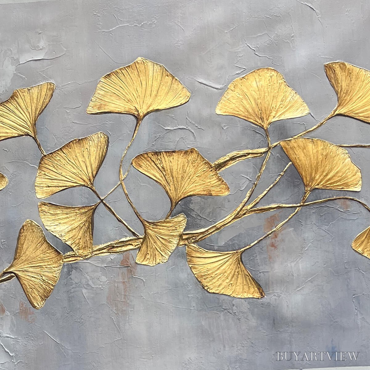BUYARTVIEW Golden Whispers – Textured Ginkgo Leaf Oil Painting in Gold - image 3