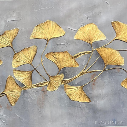 BUYARTVIEW Golden Whispers – Textured Ginkgo Leaf Oil Painting in Gold - image 3