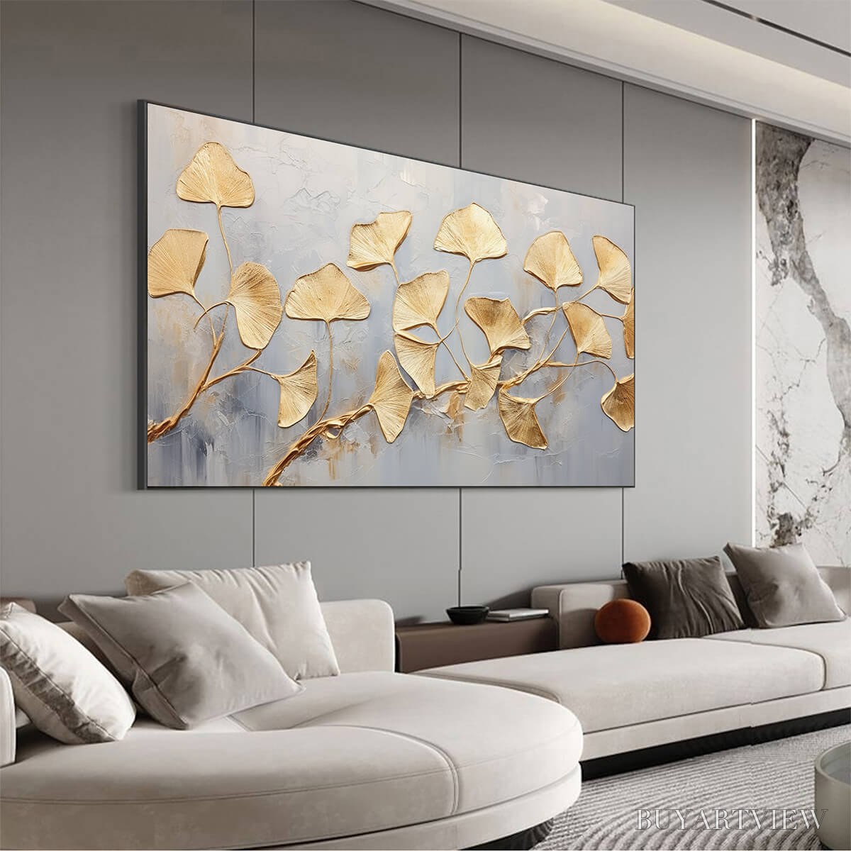 BUYARTVIEW Golden Whispers – Textured Ginkgo Leaf Oil Painting in Gold - image 4