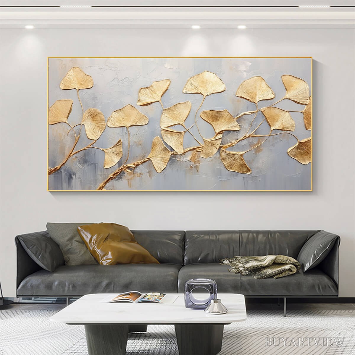 BUYARTVIEW Golden Whispers – Textured Ginkgo Leaf Oil Painting in Gold - image 6
