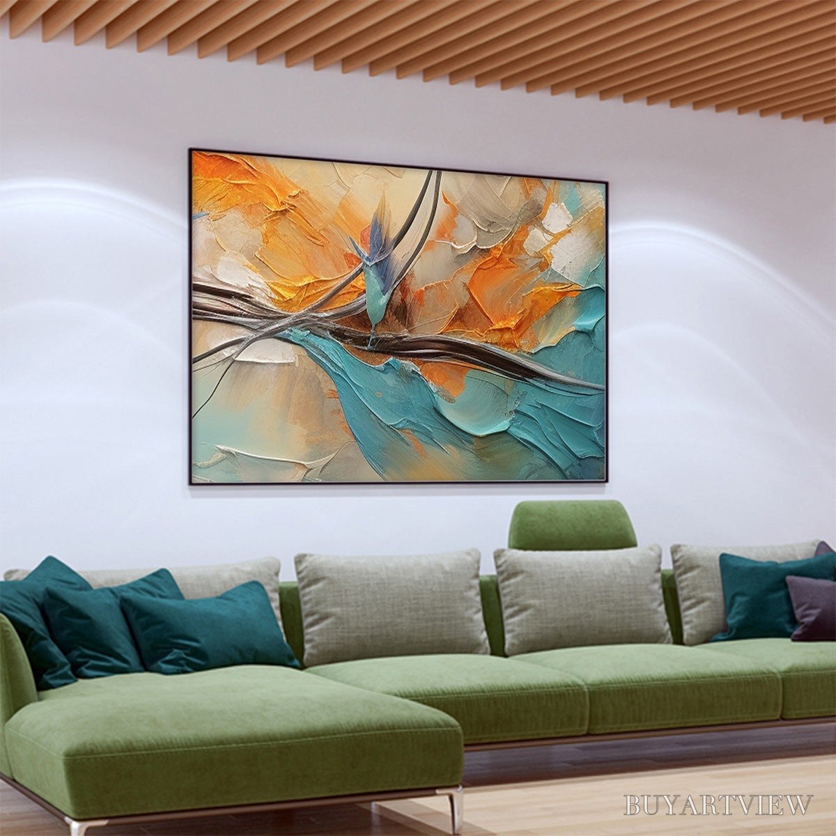 BUYARTVIEW Azure Flight – Textured Abstract Oil Painting with Birds in Flight - image 4