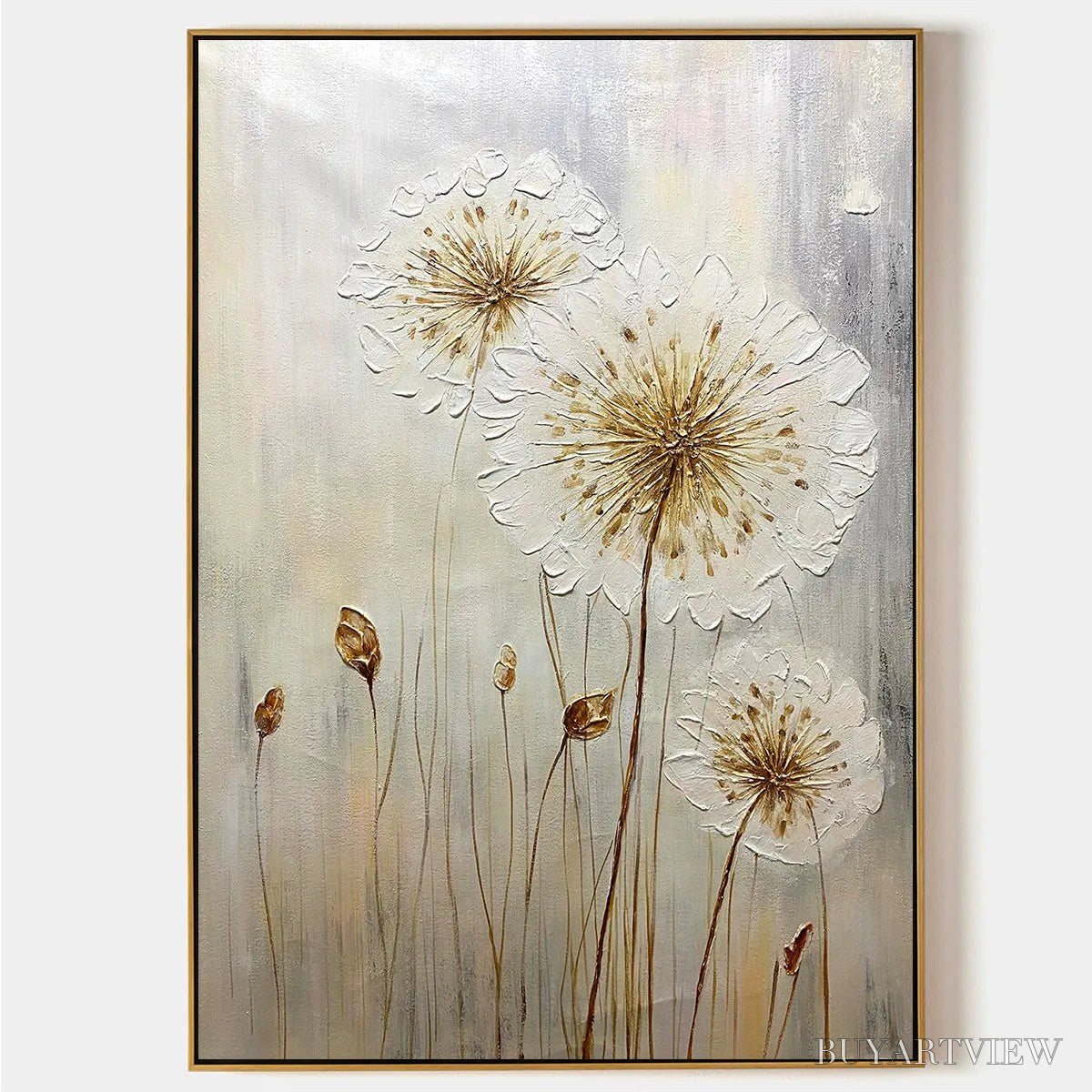 BUYARTVIEW Whispers of Gold – Textured Dandelion Painting on Vertical Canvas - image 1