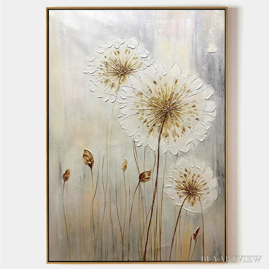 BUYARTVIEW Whispers of Gold – Textured Dandelion Painting on Vertical Canvas - image 1