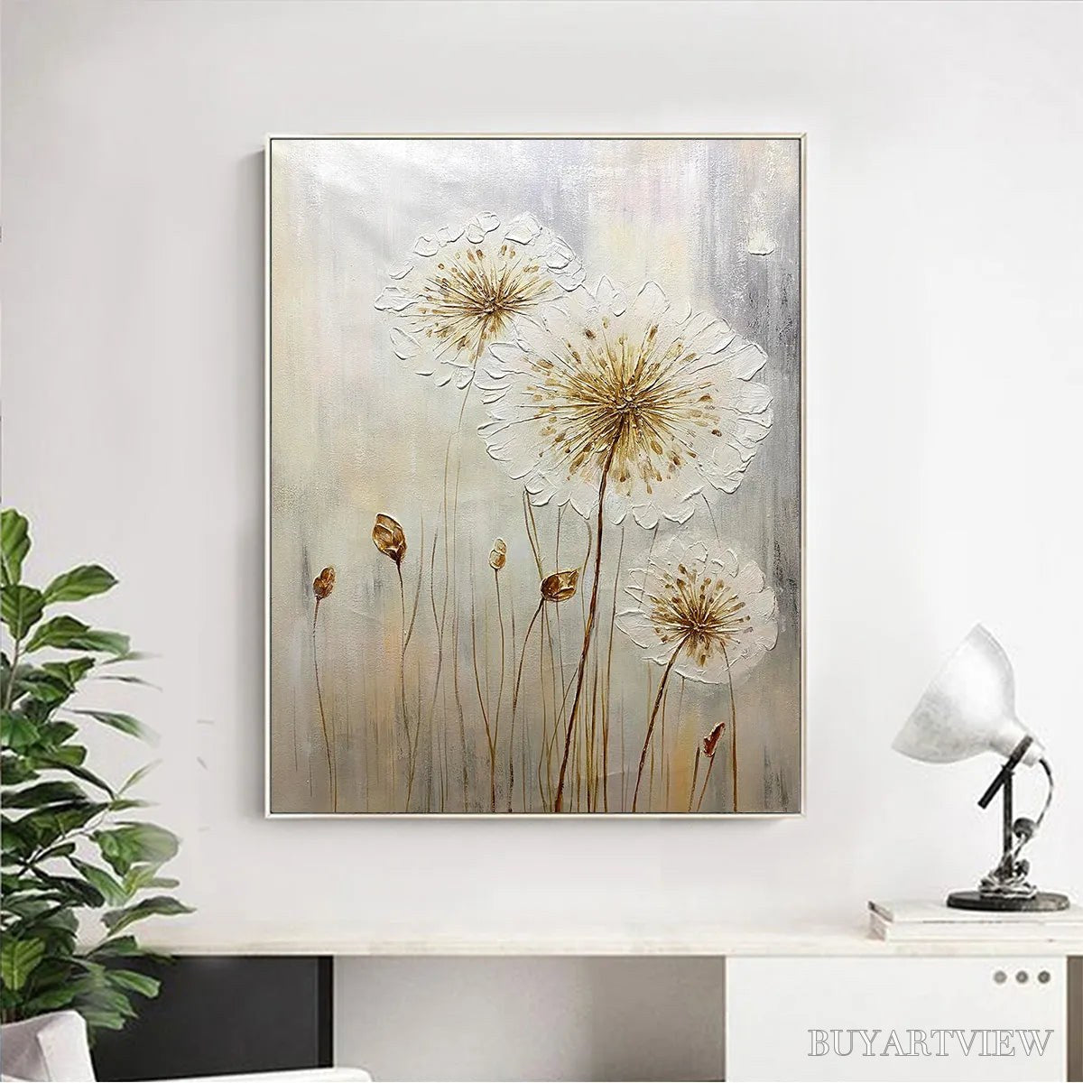 BUYARTVIEW Whispers of Gold – Textured Dandelion Painting on Vertical Canvas - image 2