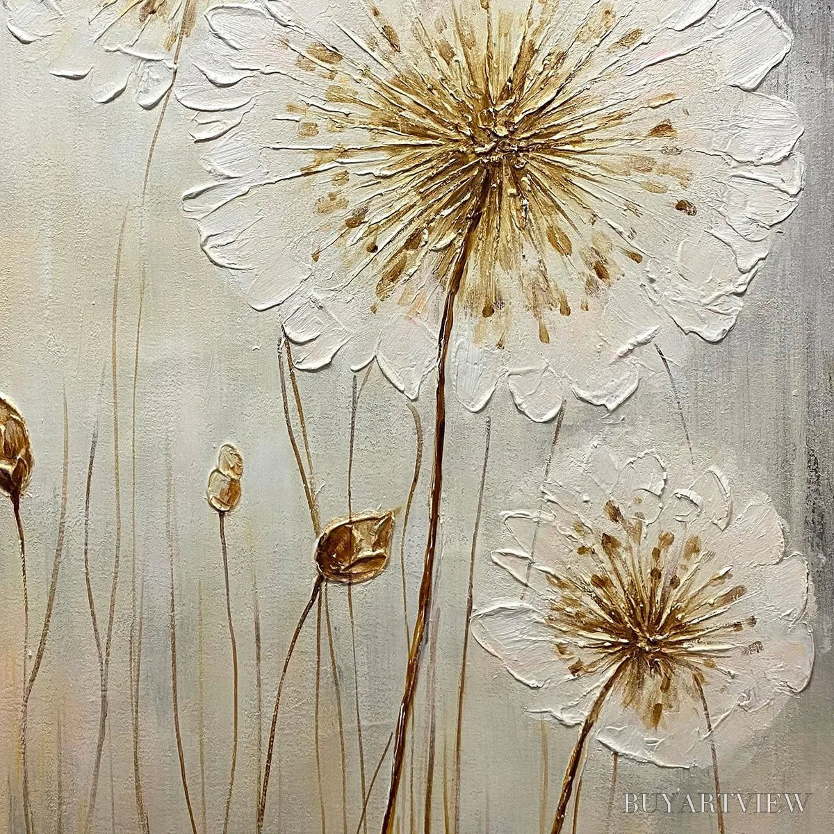 BUYARTVIEW Whispers of Gold – Textured Dandelion Painting on Vertical Canvas - image 3