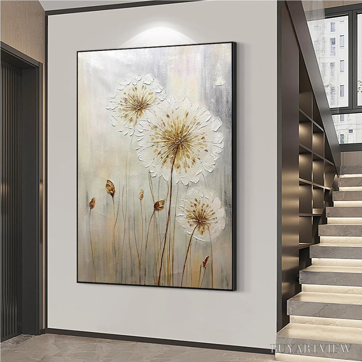 BUYARTVIEW Whispers of Gold – Textured Dandelion Painting on Vertical Canvas - image 5