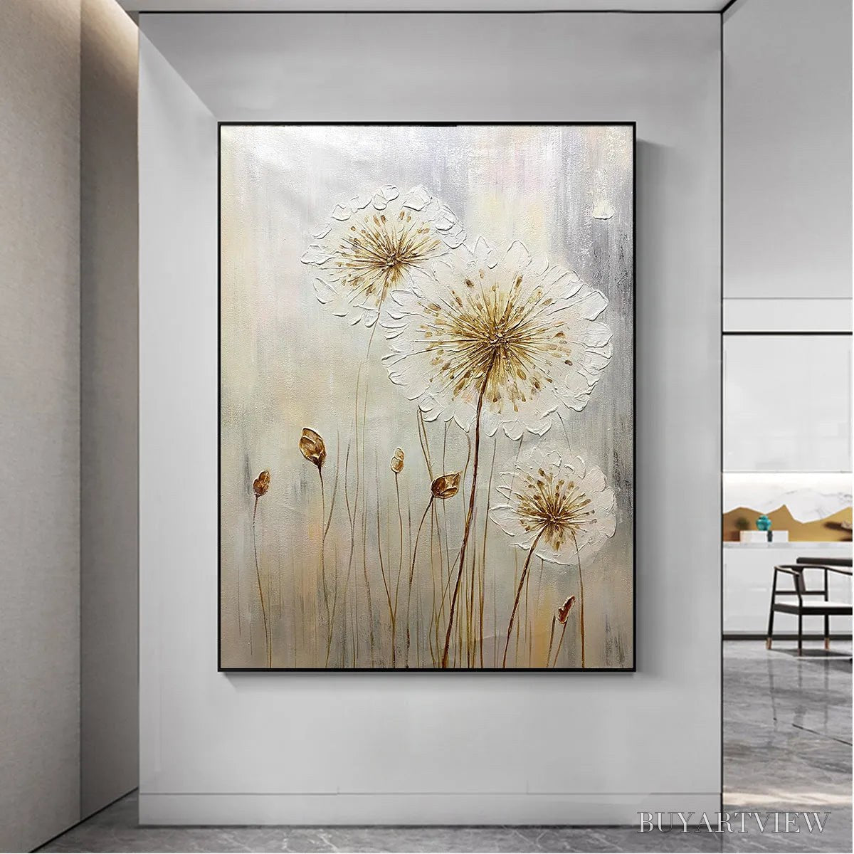 BUYARTVIEW Whispers of Gold – Textured Dandelion Painting on Vertical Canvas - image 6