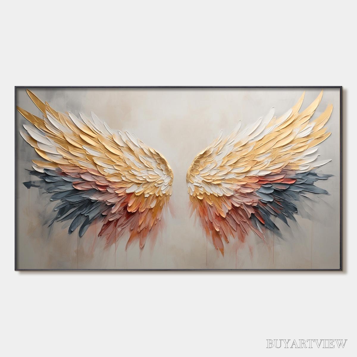 BUYARTVIEW Golden Wings – Panoramic Angel Wings Painting, Textured , Gold, Beige, Living Room, Bedroom - image 1