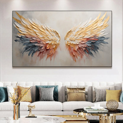 BUYARTVIEW Golden Wings – Panoramic Angel Wings Painting, Textured , Gold, Beige, Living Room, Bedroom - image 2