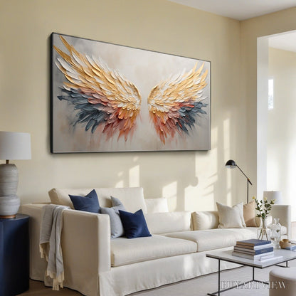 BUYARTVIEW Golden Wings – Panoramic Angel Wings Painting, Textured , Gold, Beige, Living Room, Bedroom - image 4