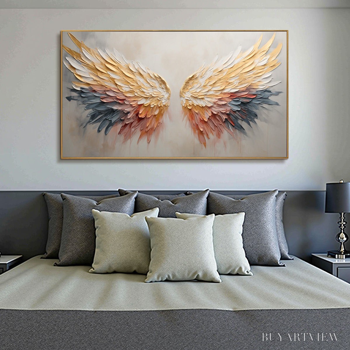 BUYARTVIEW Golden Wings – Panoramic Angel Wings Painting, Textured , Gold, Beige, Living Room, Bedroom - image 6