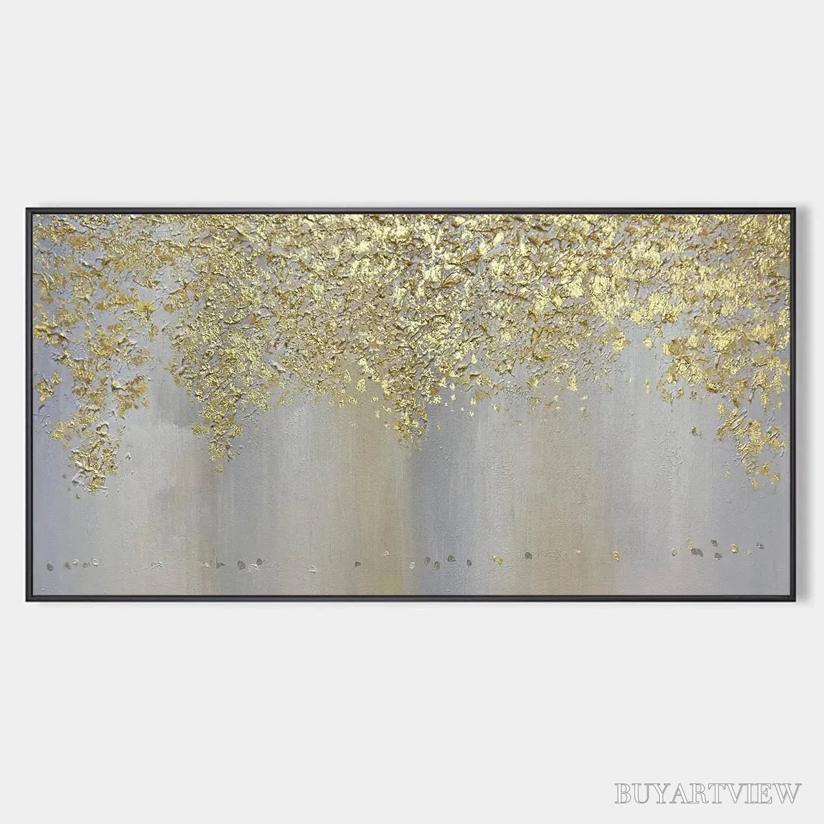 BUYARTVIEW Golden Drizzle – Gold Leaf Abstract Painting, Grey and Gold , Horizontal Canvas, Modern Decor - image 1