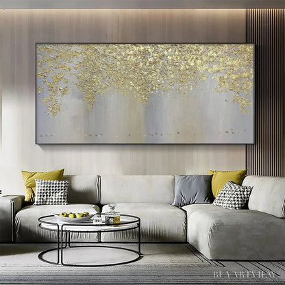 BUYARTVIEW Golden Drizzle – Gold Leaf Abstract Painting, Grey and Gold , Horizontal Canvas, Modern Decor - image 2
