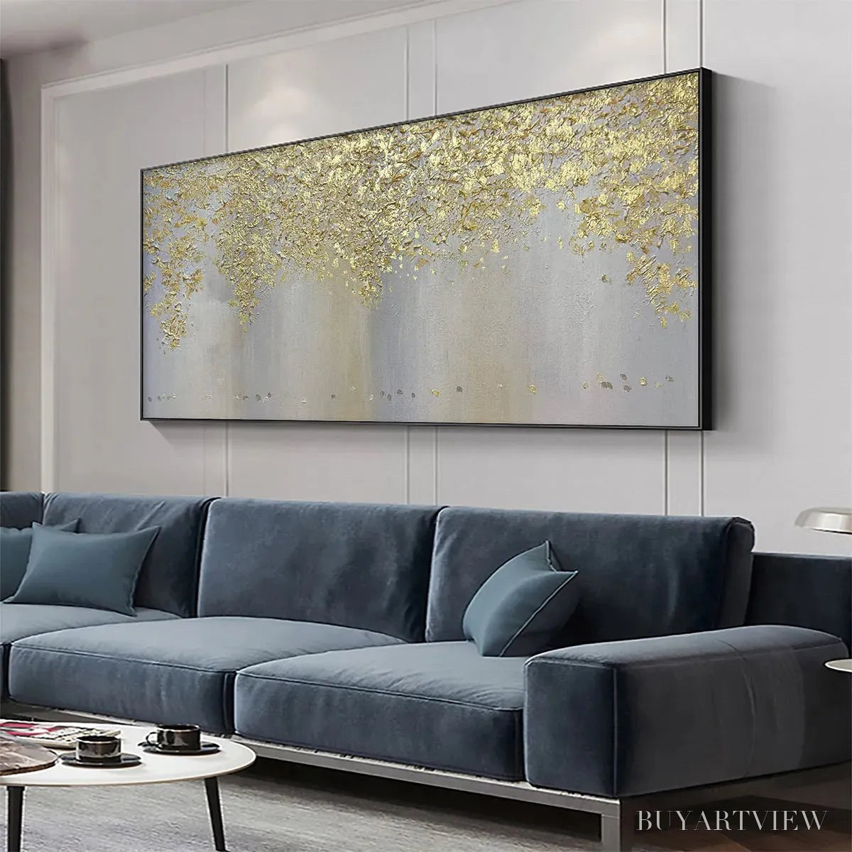 BUYARTVIEW Golden Drizzle – Gold Leaf Abstract Painting, Grey and Gold , Horizontal Canvas, Modern Decor - image 4
