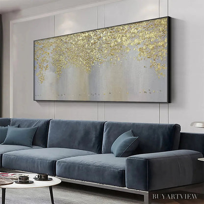 BUYARTVIEW Golden Drizzle – Gold Leaf Abstract Painting, Grey and Gold , Horizontal Canvas, Modern Decor - image 4