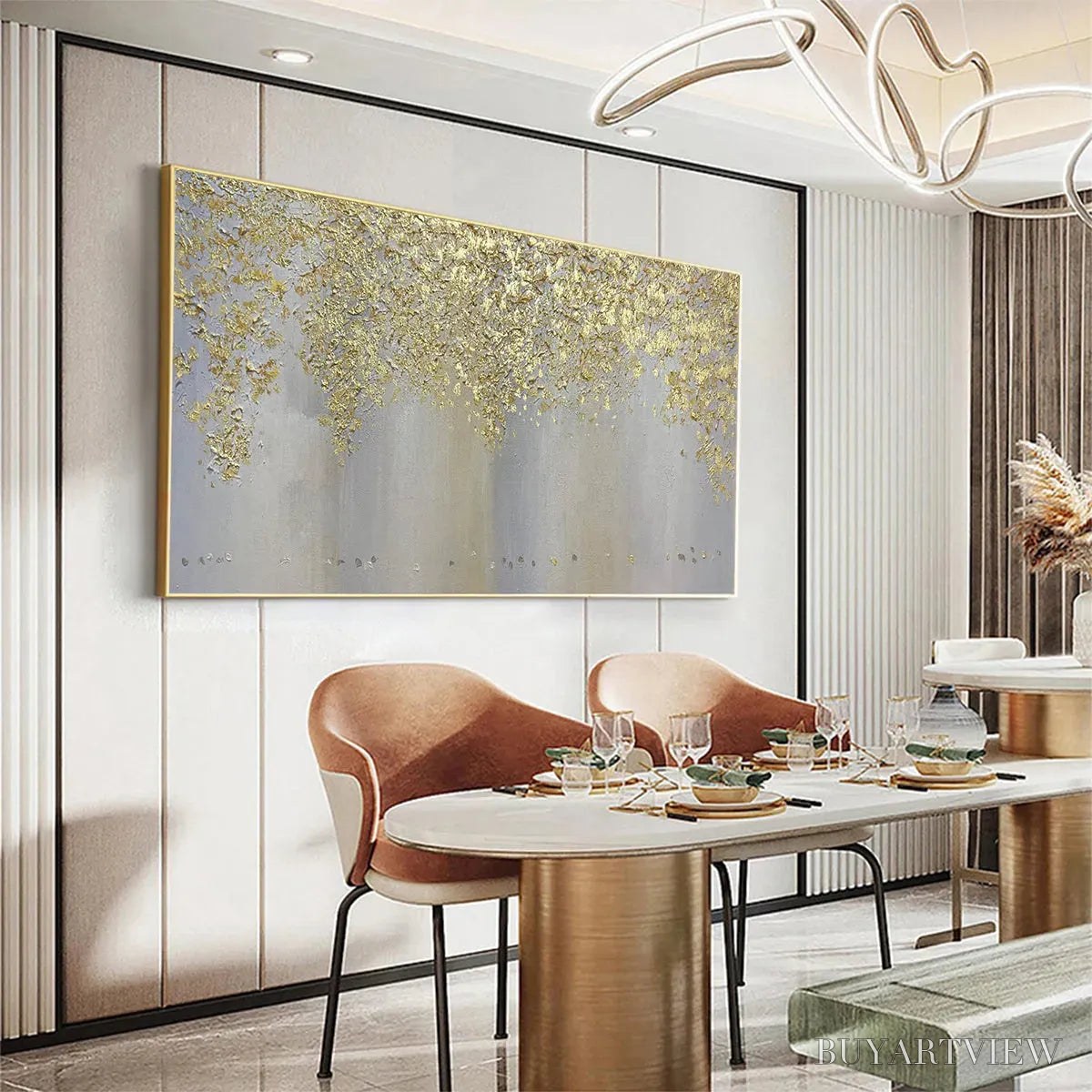 BUYARTVIEW Golden Drizzle – Gold Leaf Abstract Painting, Grey and Gold , Horizontal Canvas, Modern Decor - image 6